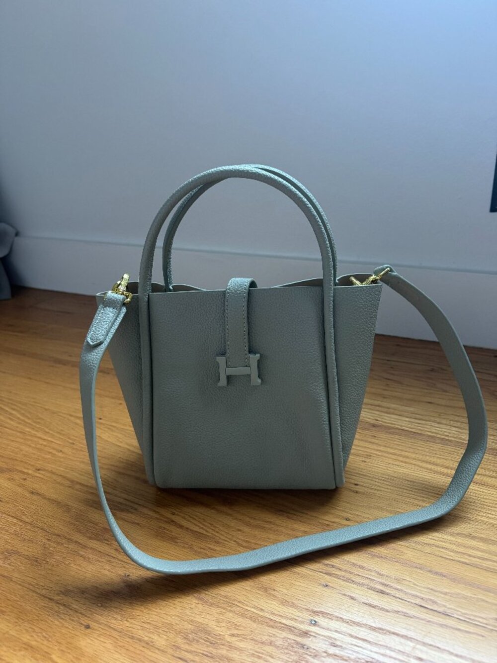 Sage Green Pebbled Leather Mini Tote Crossbody Gold Hardware